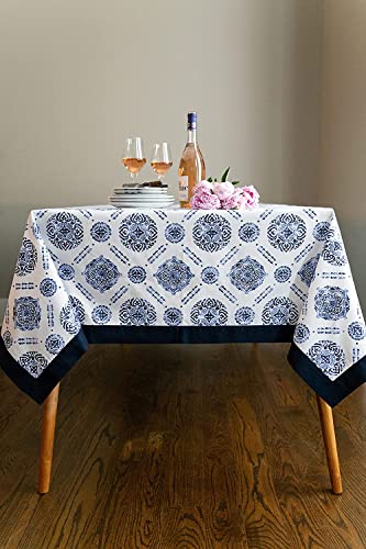 Image of Urban Space Sicilia Table Linen Collection - Premium Water & Stain Resistant Dining Table Cover for 6 Seater, Anti Skid Table Cloth for Center Table, 1 Piece (Blue Border, 6 Seater 52 inch x 92 inch)