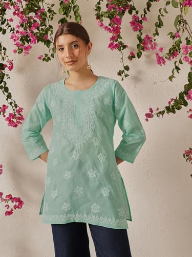 Image of Ada Hand Embroidered Lucknow Chikankari Straight Round Neck Cotton Blend Short Kurti Tunic Top for Women A911333