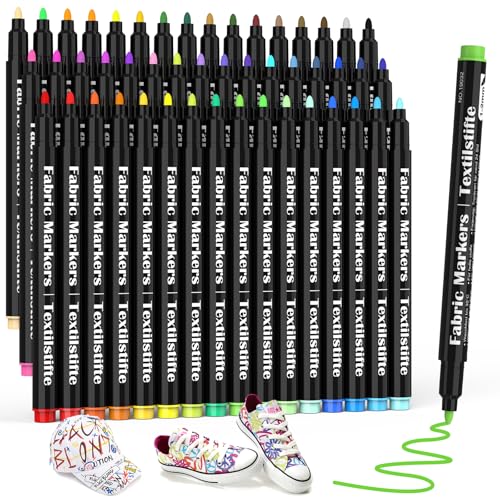 DAPAWIN 48 marcadores de tela, marcadores de tela permanentes para ropa, juego de marcadores artísticos de puntas finas para ropa de bebé, mamelucos, baberos, bolsas de lona blancas, no tóxicas,