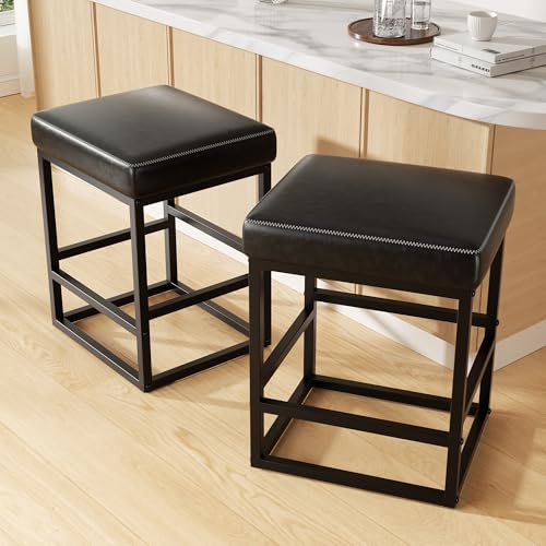 Image of Bar Stools Set of 2, 24in Counter Height Barstools, Faux Leather Counter Stools with Thick Square Seats & Sturdy Metal Base, Modern Bar Chairs for Kitchen Island (Black)