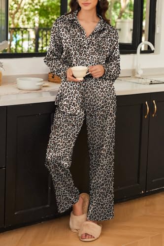 Image of Ekouaer Womens Satin Silky Pajama Set 2 Piece Print PJs Soft Loungewear Button Down Sleepwear with Elastic Waist Long Pants