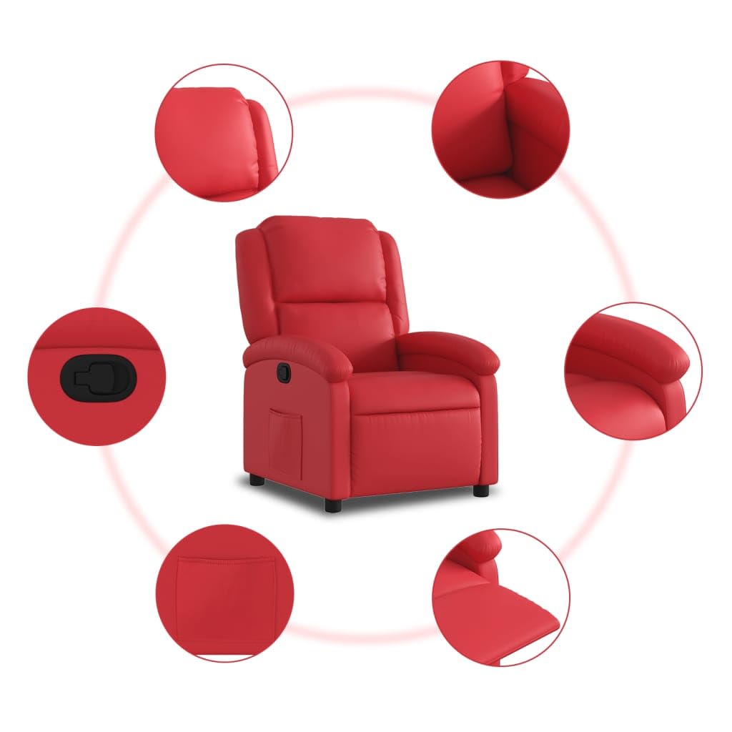 Poltrona relax con funzione reclinabile, poltrona TV regolabile fino a 135 gradi, poltrona imbottita in ecopelle con poggiapiedi e tasca laterale, poltrona TV per soggiorno, rosso, 71 x 86,5 x