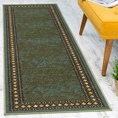 Antep Rugs Alfombras Modern Bordered 2X7 Non-Skid (Non-Slip) Low Profile Pile Rubber Backing Indoor Area Runner Rugs (Green, 2' X 7') #TOP17