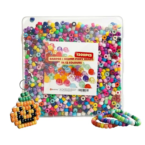 Barpre | 1200 Pcs 6x9mm Pony Beads in 12 Colours | Plastic Craft Beads for Jewellery Making Bracelets & Hair Braids | Includes Storage Box