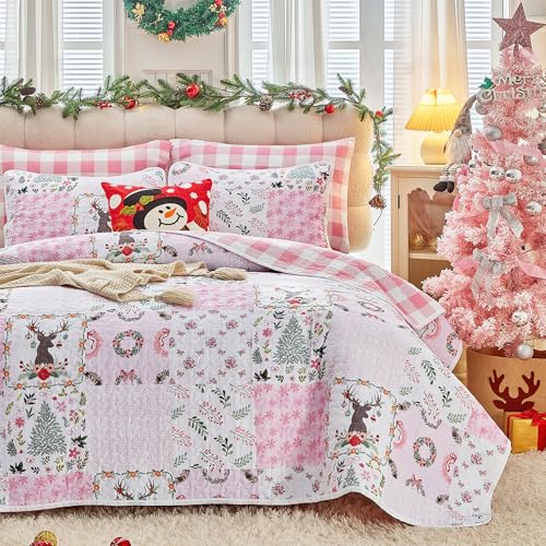 Joyreap 3pcs Christmas Quilt Set Queen Pink Xmas Patchwork Design Lightweight Microfiber Bedspread Coverlet for All Season- 88x88 inches