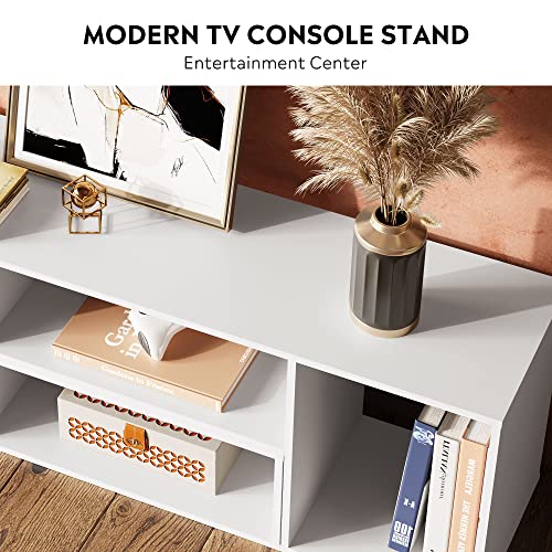 Devaise Flat Screen Tv Stand For 43 45 55 Inch Tv, Modern Entertainment Center With Storage Shelves, Media Console Bookshelf For Living Room, White #TOP6