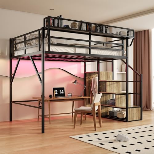 Image of Queen Size Metal Loft Bed with Reversible Stairs and LED & USB Port