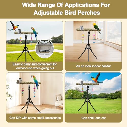 Image of 16-63 Inch Height Adjustable Bird Perch Pepper Wood Parrot Training Perch Stand with Feeding Cups and Swing Toy Parakeet Perches Indoor and Outdoor Parrot Stands for Small to Medium Bird