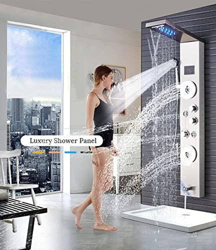 Sistema de torre de panel de ducha de acero inoxidable con cabezal de lluvia LED, ducha de mano, jets corporales, dispensador de agua para bañera y display de temperatura miniatura 1