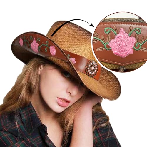 Cowboy Hats for Women, Brown Cowgirl Hats Classic Straw Western Hats for Women Music Festival Party Beach.
