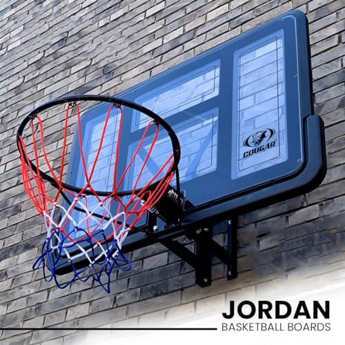 Image of COUGAR Jordan Basketball Backboard 110x75 cm | Wall Mount Shatterproof Acrylic Board with 16mm Steel Ring 45 cm Dia and Net for Outdoor Court Practice and Home Use