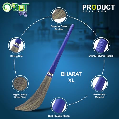 Image of BBT Phool Jhadu | Natural Grass Broom Stick for Home Cleaning | Eco-Friendly Long Handle Jhadu | Anti Dust, Lightweight & Durable Pack of- (2, XL)
