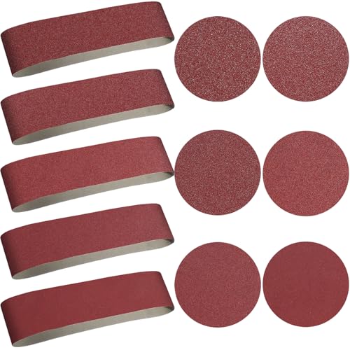 blulu 44 pieces sanding belts and sanding discs set includes 4 x 36 inch belts 80120150240400 grits and 6 inch self adhesive no hole alumina disc for bench combination sander woodworking