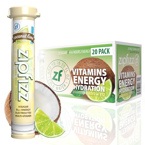 Image of Zipfizz Daily Energy Drink Powder, Coconut Lime, 20 pack | 3-in-1 sustained energy, rapid hydration | sugar-free | electrolyte powder | contains vitamin B-12 & antioxidants