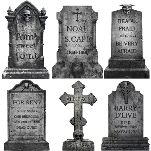Funny Halloween Graveyard Tombstones Prop Yard Stakes Signs 6 Styles Puns Cardboard Headstones for Cemetery Halloween 17in RIP Graveyard Tombstones Outdoor Props Yard Decorations with Stakes