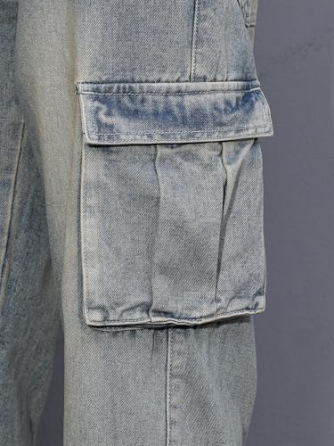 Verdusa Men's Cargo Jeans Straight Leg Denim Pants Relaxed Outfits Washed Jeans with Pockets Grey Large