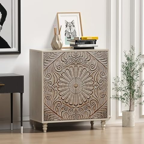 SUNBURY Accent Cabinet, Distressed Storage Cabinet with 2 Carved Doors, Mid Century Modern Cabinet with Storage Shelves for Living Room Entryway Office Cover