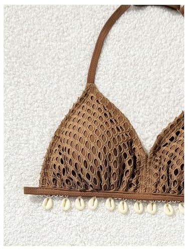 OYOANGLE Girl's 3 Piece Swimsuit Mesh Hollow Out Halter Bikini Set with Cover Ups Drawstring Beach Skirt3