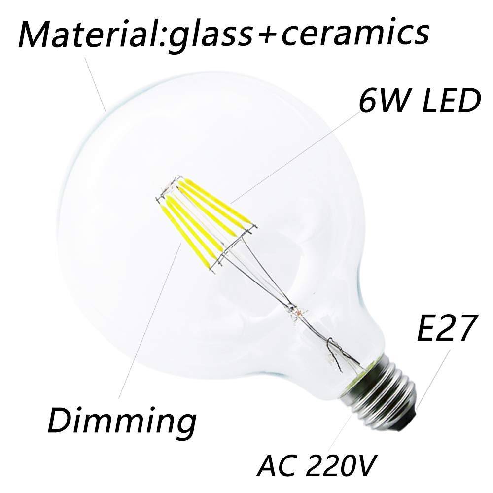 20 x G125 LED Edison Casquillo E27, intensidad regulable, 6 W, fresco Blanco 6000 K, 220 V, antigüedad filamento iluminación en Vintage Retro Look, sustituye a bombilla halógena de 45 W