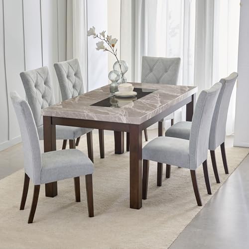 Image of Home Centre Harmony Sia Solid Wood Faux Marble Top 6-Seater Dining Set with Chairs - Grey