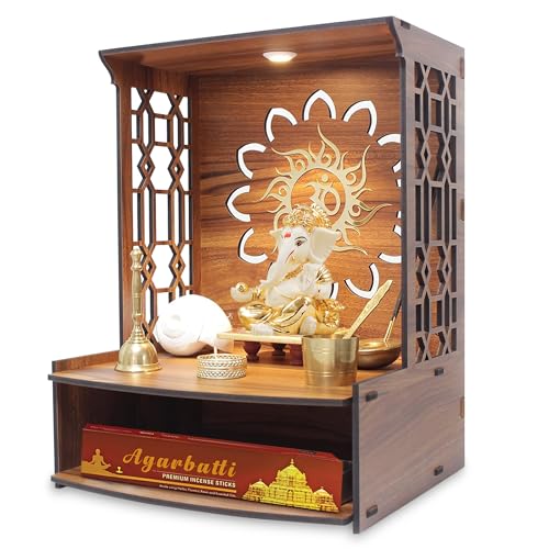 Image of GLUN Beautiful Wooden Pooja Mandir for Home | Wall Mounted Puja Temple with LED Light | Compact Prayer Stand for Office & Apartment Size 15x11x11 Inch