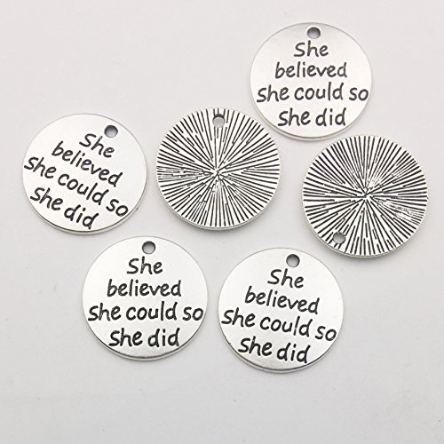 30Pcs Antique Silver Round She Believed She Could So She Did Inspiration Words Charms Craft Supplies Tag Charms Pendants For Crafting Jewelry Making (9249) #TOP2