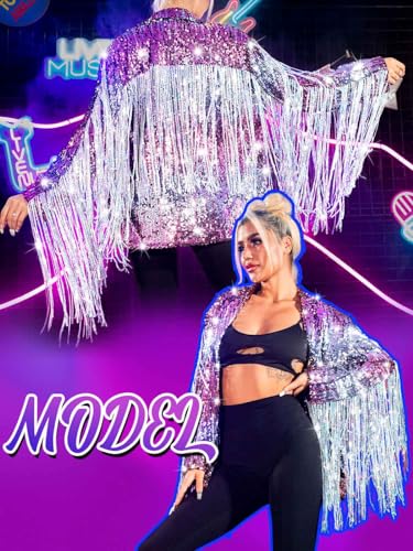 EVILD Women’s Sequin Fringe Jacket Pink Sparkly Blazer Jackets Glitter Tassel Outfits3