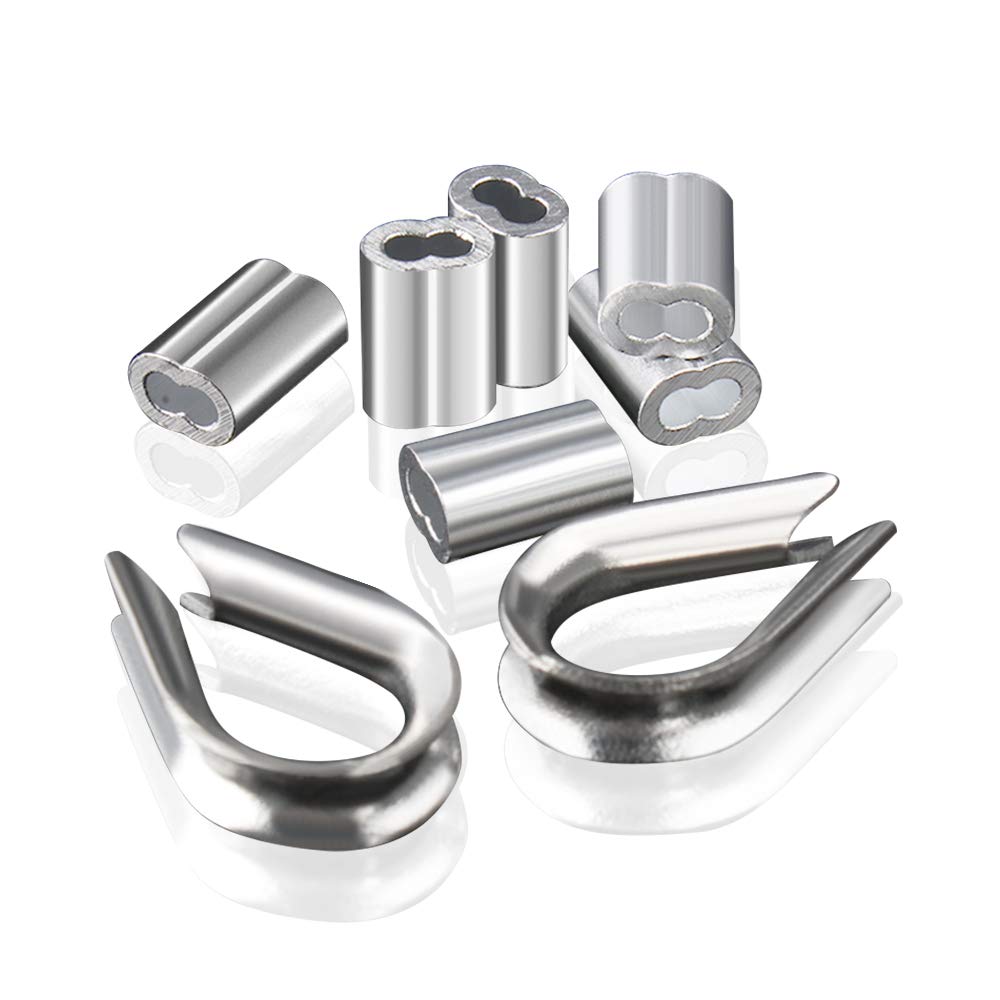 Aluminum Sleeves Clips 200 Pcs for Wire Rope 2mm Diameter Cable Thimbles Rigging Aluminium Double Ferrules Cable Crimps + 20 pcs M2 304 Stainless Steel Thimble(Silver Tone)