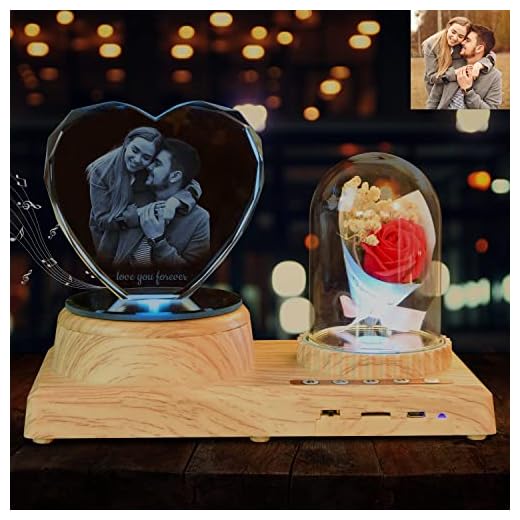 Heart-Shaped Photo Customization Night Light Personalized 3D Crystal Lamp 7 Color Light Rose Bluetooth Rotation Crystal Photo Frame Best Gift for Couple Love Women Men Wedding Christmas