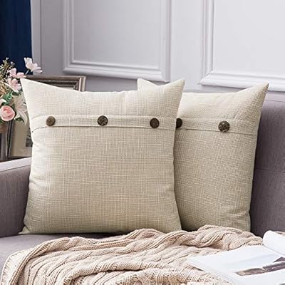MIULEE Set of 2 Decorative Linen Throw Pillow Covers Cushion Case Triple Button Vintage Farmhouse Pillowcase for Couch Sofa Bed 18 x 18 Inch 45 x 45 cm Beige