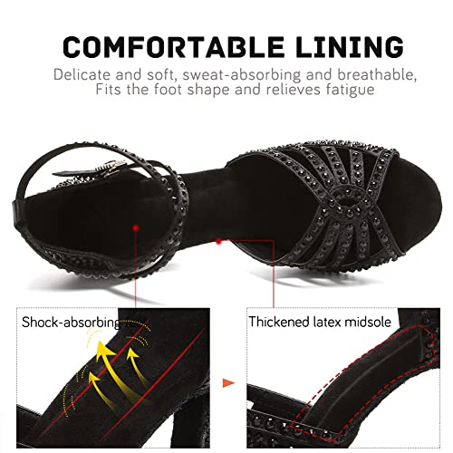 Image of JUODVMP Women's Latin Dance Shoes Rhinestones Satin Ballroom Dancing Shoes Salsa Professional Dance Shoes