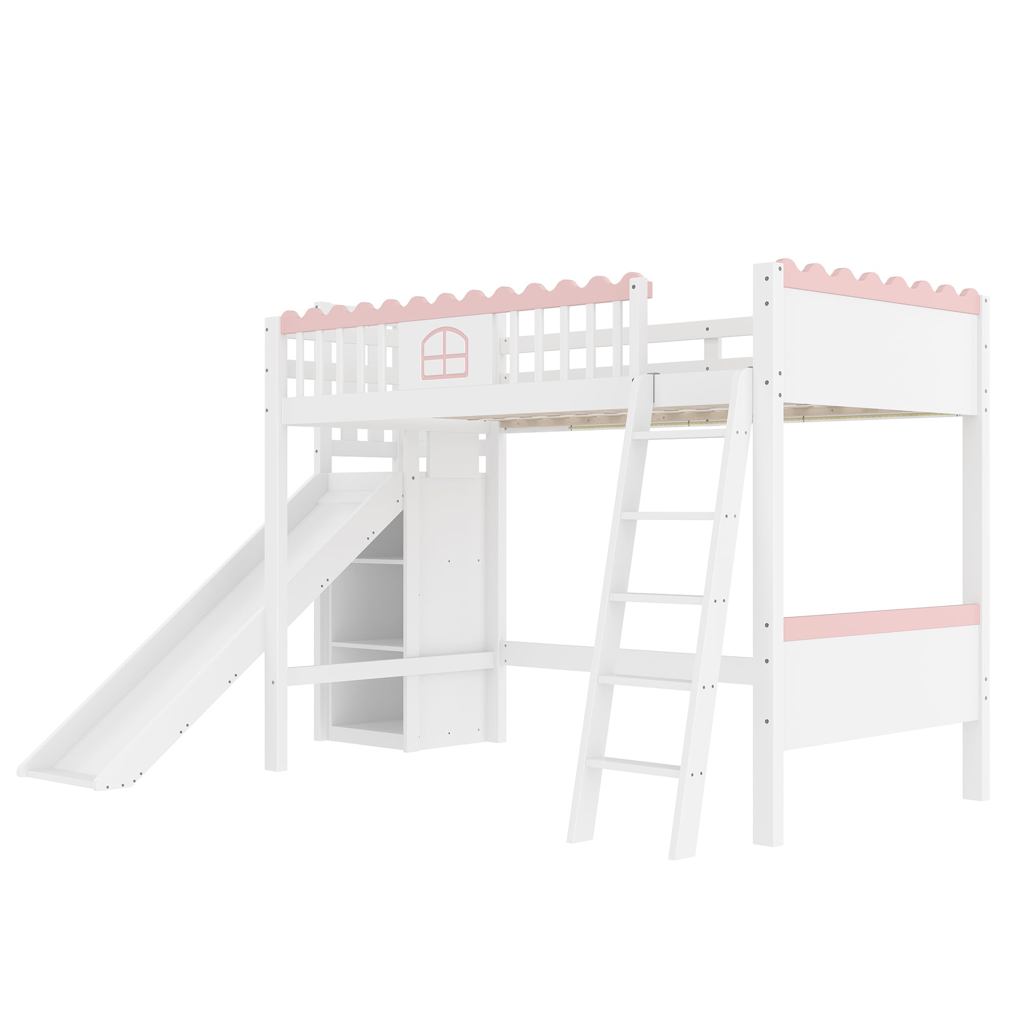 Merax Kinderbett 90x200, Hochbett mit Rutsche und Stauraum, Jugendbett Mädchenbett, LED-Bettgestell mit Lattenrost(ohne Matratze), Einzelbett aus Kiefernholz, EN747 Zertifiziert, Weiß