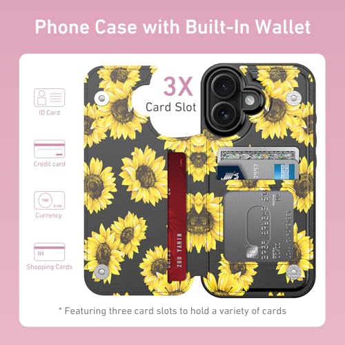LETO for iPhone 17 Wallet Case with Card Holder - Flip Folio Leather Kickstand - Fashionable Flower Designs - Shockproof Protective Phone Cover for Women and Girls - Blooming Sunflowers by LETO - Image 2