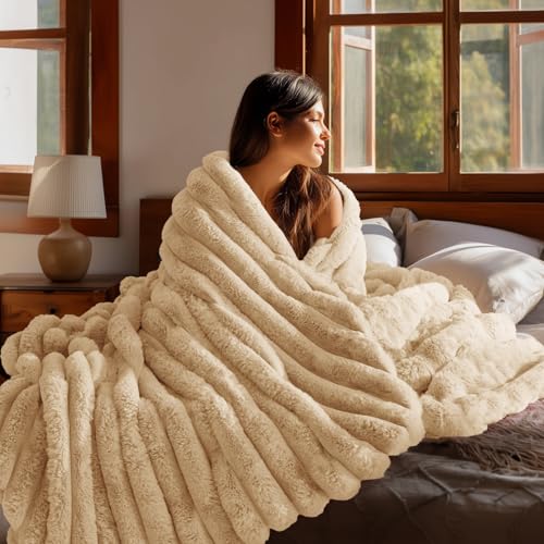 Image of BEDELITE Faux Fur Throw Blanket for Couch, 770GSM, 50 inch x 60 inch, Brown | Soft and Cozy Luxurious 3D Striped Fluffy Blanket, Warm Plush Fuzzy Faux Rabbit Fur for Women Gift, Stylish Room Decor