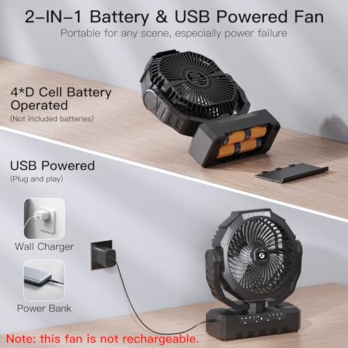 FRIZCOL-Battery-Operated-Fan-200H-Max-2-IN-1-D-Cell-Battery-USB-Powered-Fan-Portable-Camping-Fan-with-4-Speeds-Light-Timer-Remote-for-Outdoor-Tent-Travel-Picnic-Office-Bedroom-Black