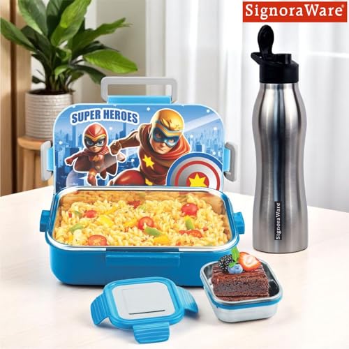 Image of SIGNORA WARE Delight C Chipmunk Stainless Steel Printed Lunch Box Set for Kids | Airtight Clip Lock Lid | Compact & Sleek Size | Great for Picnics & Outdoors (850ml + 160ml + 750ml Bottle | Blue)