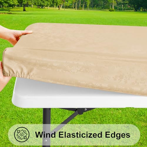 Image of Smiry Heavy Duty Vinyl Fitted Tablecloths for 8 Foot Rectangle Tables | Elastic Waterproof Fitted Tablecloths, Wipeable Washable Table Cover for Kitchen, Dining, Camping (Champagne, 30 inch x 96 inch)