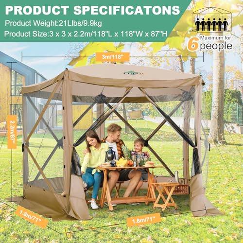 Image of COBIZI 10x10 FT Pop up Gazebo, Popup Canopy Tent,Instant Screened in Gazebos, Waterproof Portable Outdoor Small Screen Tents Sun Shelter,carpas para Patio for Camping, Garden and Backyard,Khaki