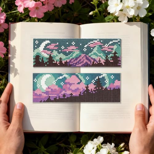 Image of INFUNLY 6PCS Night Sky Cross Stitch Bookmark Kits 3x8.5inch Horizontal Landscape Stamped Embroidery Page Marker DIY Starry Night Needlepoint Bookmark Kit for Book Lovers Writers Gift