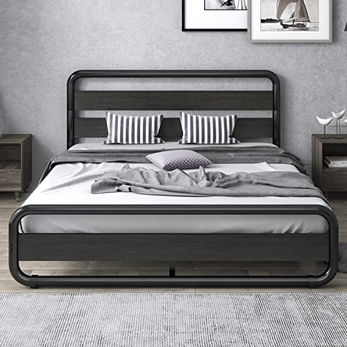 Sha Cerlin Full Size Bed Frame With Wooden Headboard & Footboard, Heavy Duty Oval-Shaped Platform Bed Frame With 10" Under-Bed Storage, Noise Free, No Box Spring Needed, Black #TOP3