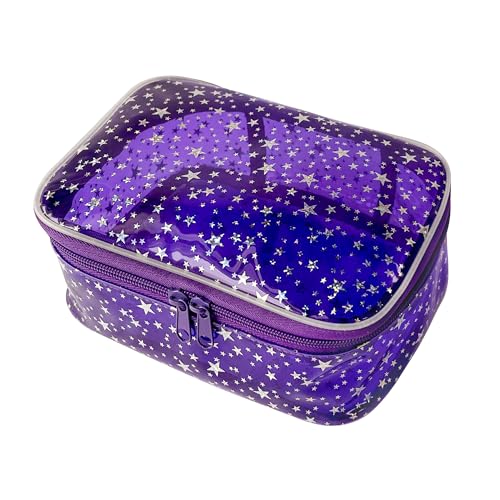 TotePrint Star Print PVC Makeup Bag Bulk,7.87×3.15×5.51 inch Clear Storage Bag Toiletry Pocket Zippered Pouch Waterproof Cosmetic Bags for Women (Purple)