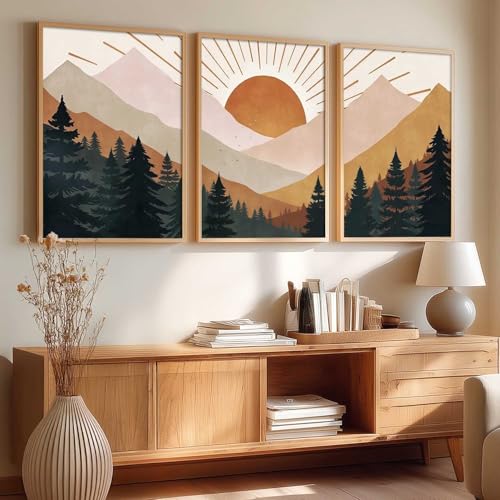 Image of kotart Boho Mountain View Framed Painting | Big Aesthetic Nature Inspired Framed Paintings for Living Room Bedroom Wall Decor Set Of 3 (10X13 inch)