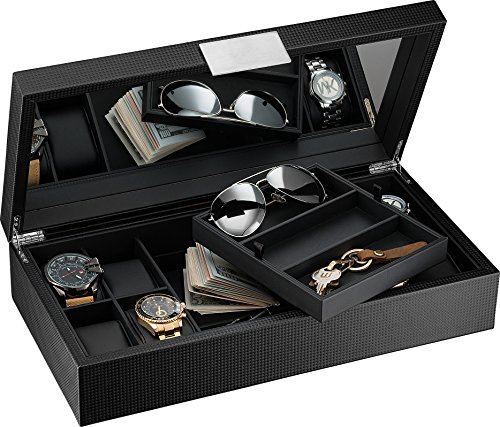 Glenor Co Watch And Sunglasses Box With Valet Tray For Men -14 Slot Luxury Display Case Organizer, Black Carbon Fiber Design For Mens Jewelry Watches, Men's Storage Holder W Large Mirror, Metal Buckle #TOP2