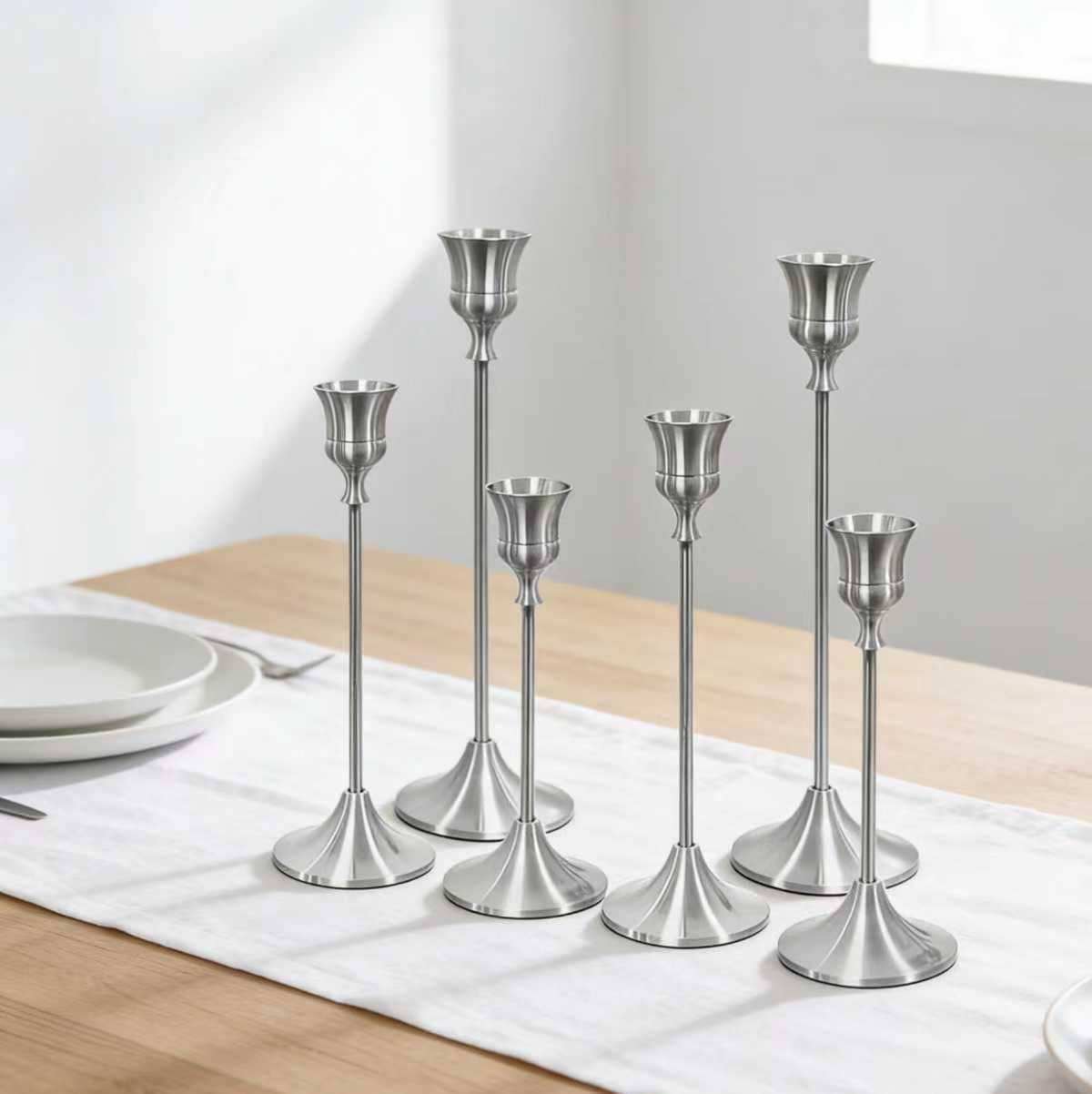 Six-Piece Silver-Tone Candleholder Set - Redefining The Ritual of Space Ideal for Weddings, Table centerpieces, and Home Decor The