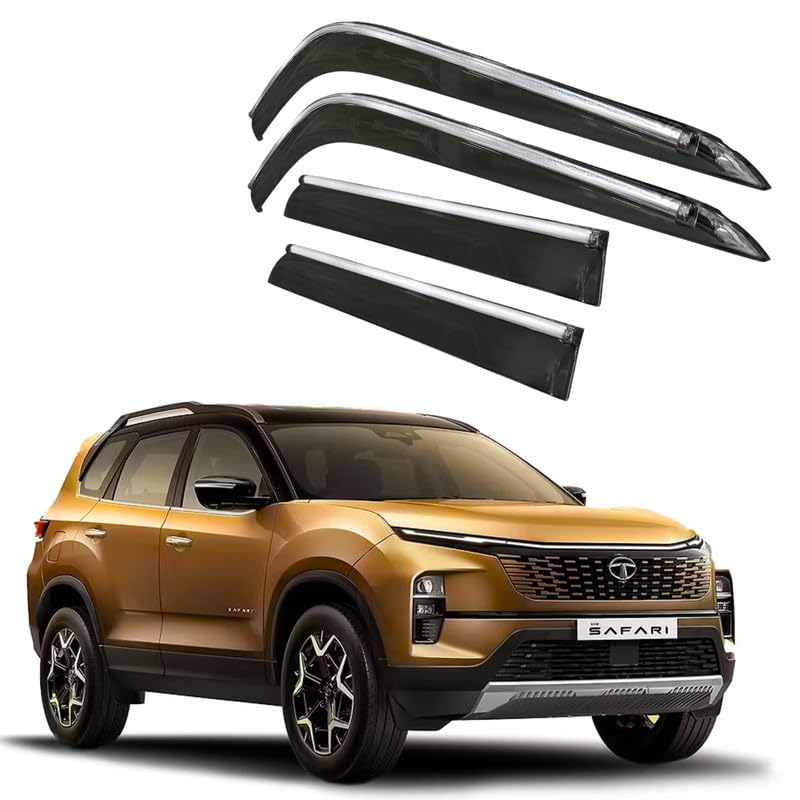 Image of CAR SAAZ Side Door Visors for Safari (2021-2023)(Set of 4Pcs)|Chrome Lined Rain Guards, Polycarbonate, Smoke Finish