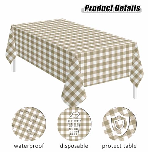 Image of SietDESEO 2 Pack Brown Gingham Tablecloth Rectangle 54 x 108 Brown and White Checkered Table Cloth Disposable Plaid Table Cover Plastic for Birthday Baby Shower Picnic Wedding Party Supplies