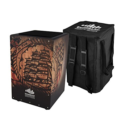 Echoslap GFX Ship Cajon, Black, Hand Crafted, 21 Coiled Snare Wires, Deep Bass, Maple Frontplate, Hardwood Body + Free Gig Bag