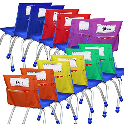 Student Chair Pockets for Classrooms, Chair Storage, Seat Pouch, 12 Pk, Multicolor, 13.5x20, Chairback Bags, Bulk Classroom Seats Pouches, School Organizer Pocket, Kids Class Supplies | Houseables