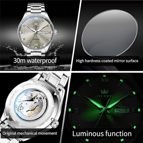 Image of OLEVS Automatic Watches for Men Self Winding Mechanical Classic Diamond Business Luxury Dress Stainless Steel Waterproof Calendar Mens Watch