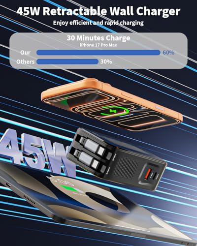Image of Retractable Charger USB C Charging,45W Retractable iPhone 17 16 Charger Wall Plug,4 in 1 Foldable Plug with Dual USB C Cable Ultra-Compact Travel Charging for iPhone Air /17 /17Pro /17 Pro Max /16 /15,iPad